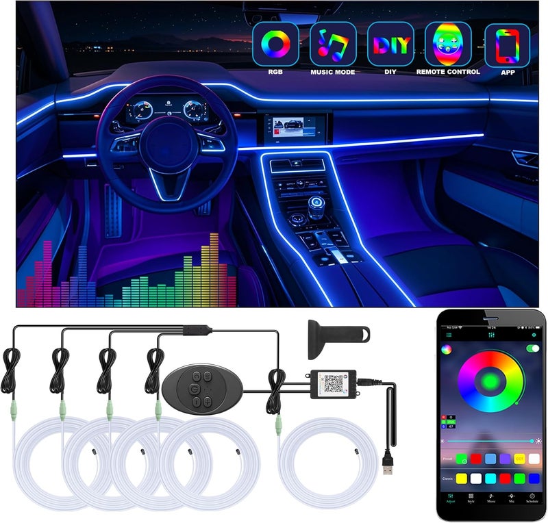 Fimker 5 in 1 Car Led Strip Lights with App Control, RGB Colors Interior Car Lights, Ambient Led Lighting Kit, 4 Light Flashing Modes, USB Neon Accessories for Doors, Center Console - Image 1